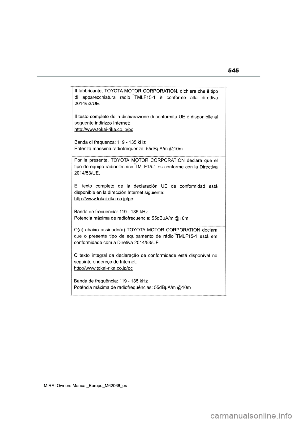 TOYOTA MIRAI 2020  Manual del propietario (in Spanish) 545
MIRAI Owners Manual_Europe_M62066_es 