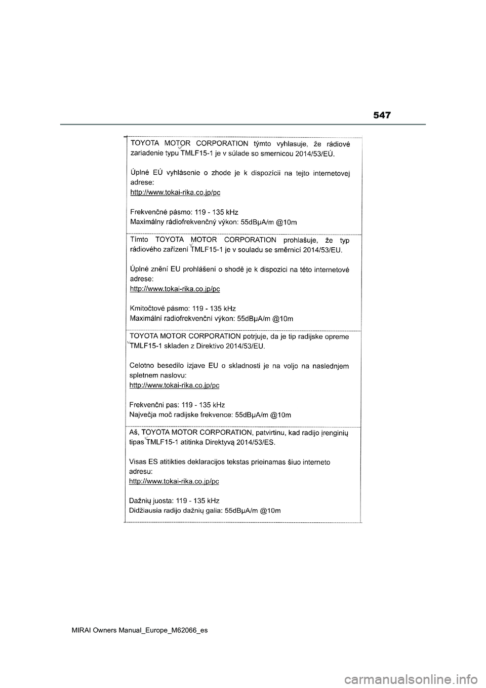 TOYOTA MIRAI 2020  Manual del propietario (in Spanish) 547
MIRAI Owners Manual_Europe_M62066_es 