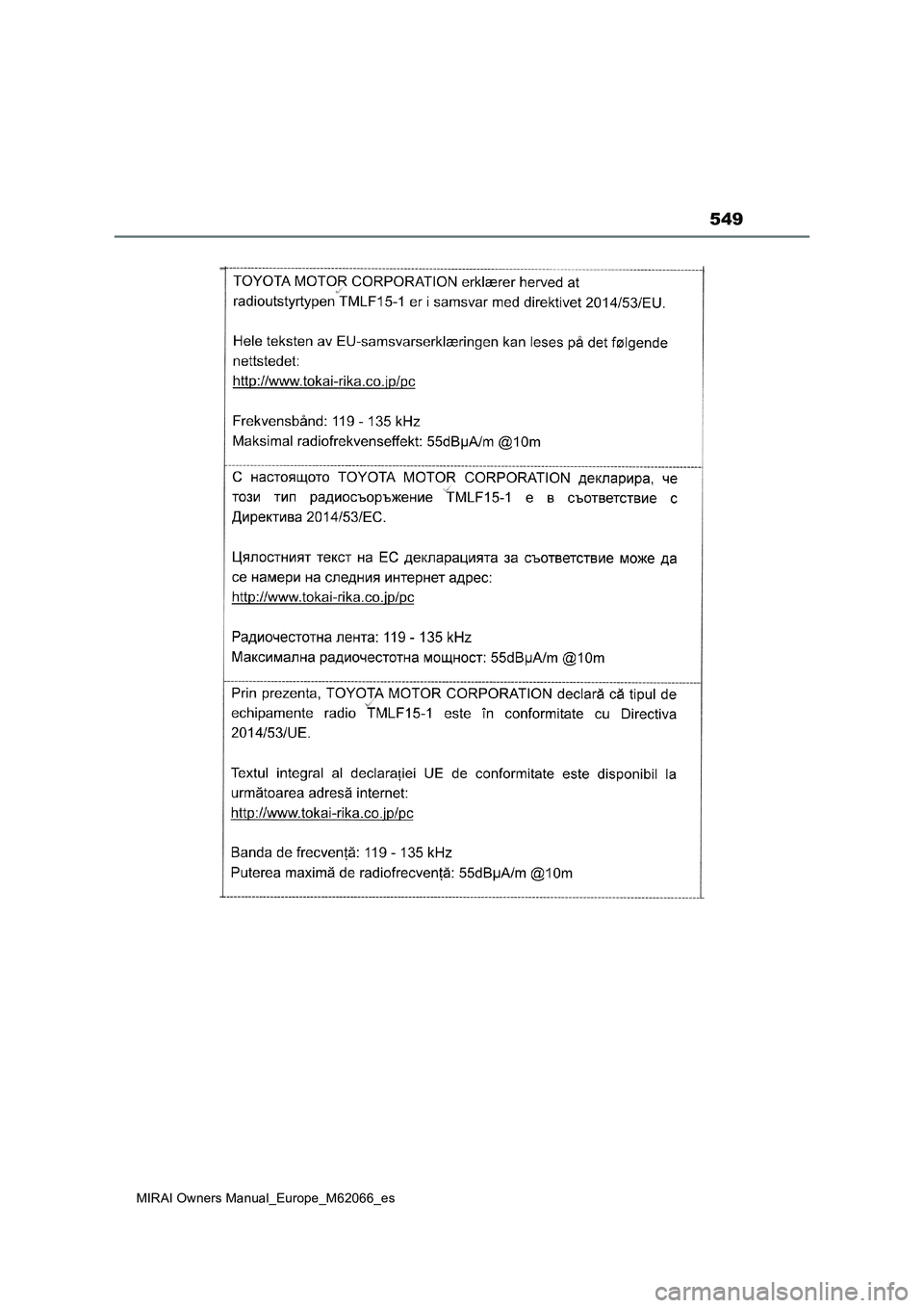 TOYOTA MIRAI 2020  Manual del propietario (in Spanish) 549
MIRAI Owners Manual_Europe_M62066_es 