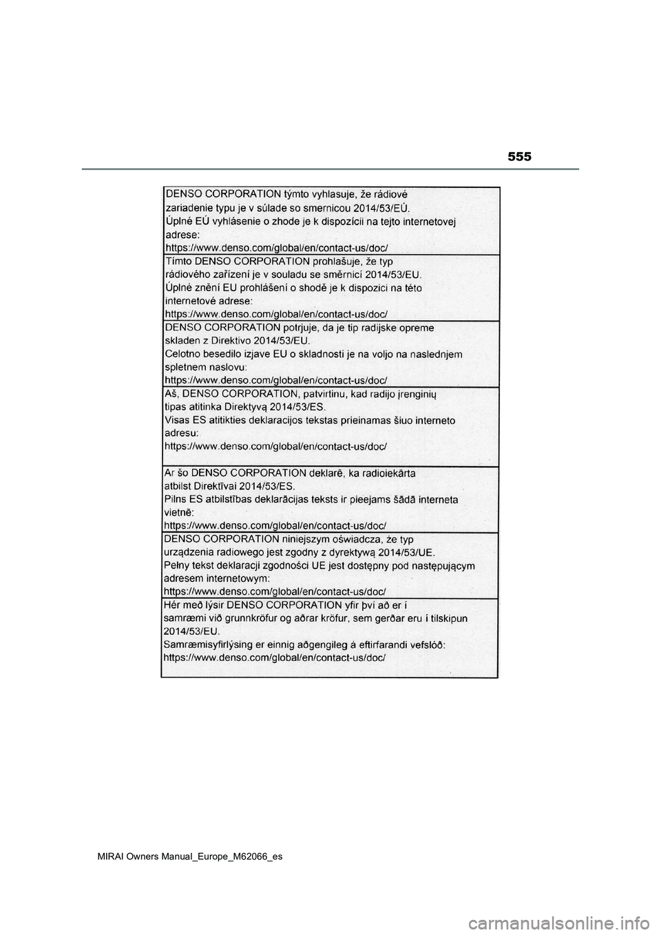 TOYOTA MIRAI 2020 Manual del propietario (in Spanish) 555
MIRAI Owners Manual_Europe_M62066_es TOYOTA MIRAI 2020 Manual del propietario (in Spanish) 555
MIRAI Owners Manual_Europe_M62066_es