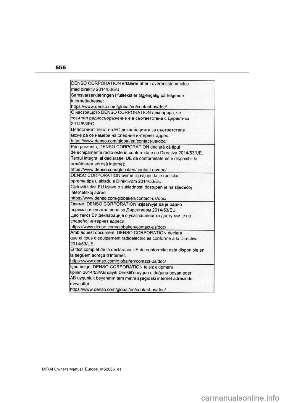 TOYOTA MIRAI 2020 Manual del propietario (in Spanish) 556
MIRAI Owners Manual_Europe_M62066_es TOYOTA MIRAI 2020 Manual del propietario (in Spanish) 556
MIRAI Owners Manual_Europe_M62066_es