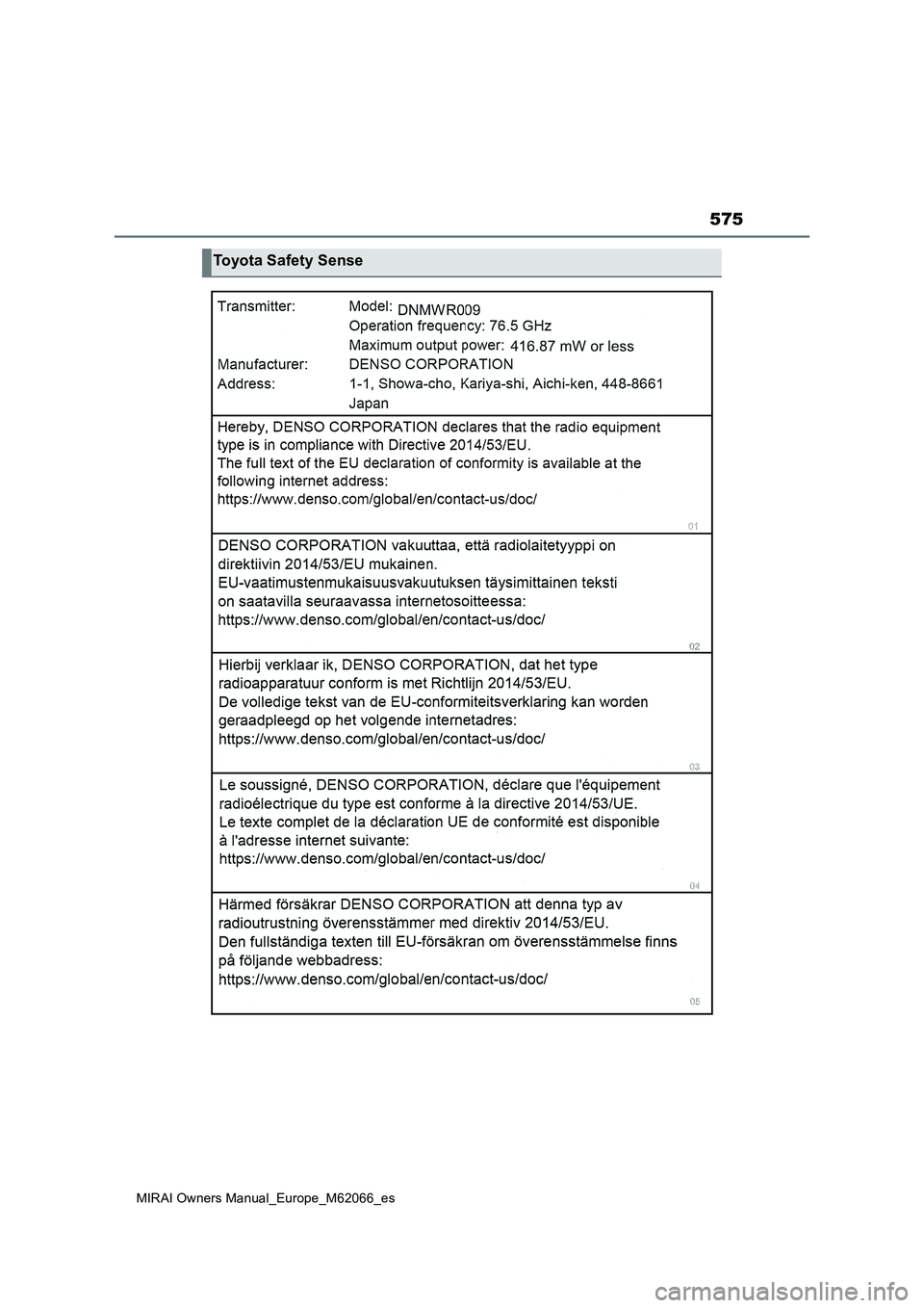 TOYOTA MIRAI 2020 Manual del propietario (in Spanish) 575
MIRAI Owners Manual_Europe_M62066_es
Toyota Safety Sense TOYOTA MIRAI 2020 Manual del propietario (in Spanish) 575
MIRAI Owners Manual_Europe_M62066_es
Toyota Safety Sense