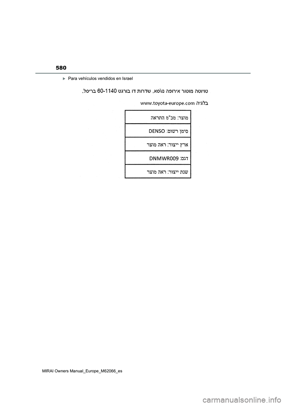 TOYOTA MIRAI 2020 Manual del propietario (in Spanish) 580
MIRAI Owners Manual_Europe_M62066_es
Para vehículos vendidos en Israel TOYOTA MIRAI 2020 Manual del propietario (in Spanish) 580
MIRAI Owners Manual_Europe_M62066_es
Para vehículos vendidos en Israel