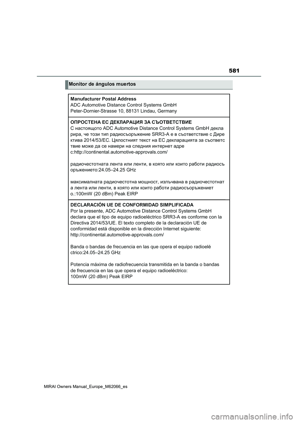 TOYOTA MIRAI 2020 Manual del propietario (in Spanish) 581
MIRAI Owners Manual_Europe_M62066_es
Monitor de ángulos muertos TOYOTA MIRAI 2020 Manual del propietario (in Spanish) 581
MIRAI Owners Manual_Europe_M62066_es
Monitor de ángulos muertos