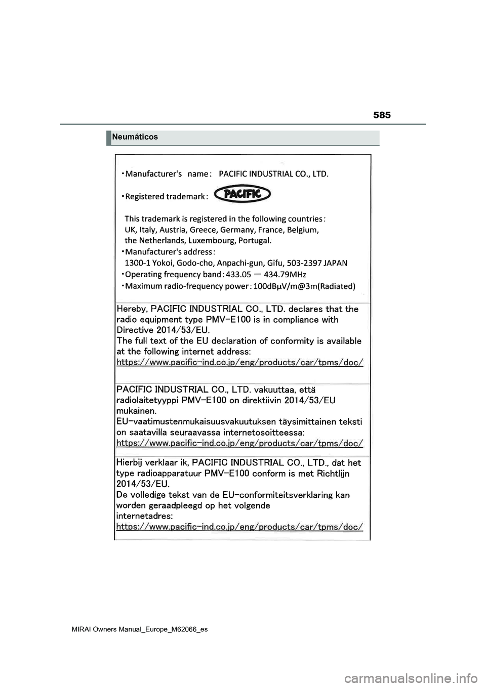 TOYOTA MIRAI 2020 Manual del propietario (in Spanish) 585
MIRAI Owners Manual_Europe_M62066_es
Neumáticos TOYOTA MIRAI 2020 Manual del propietario (in Spanish) 585
MIRAI Owners Manual_Europe_M62066_es
Neumáticos
