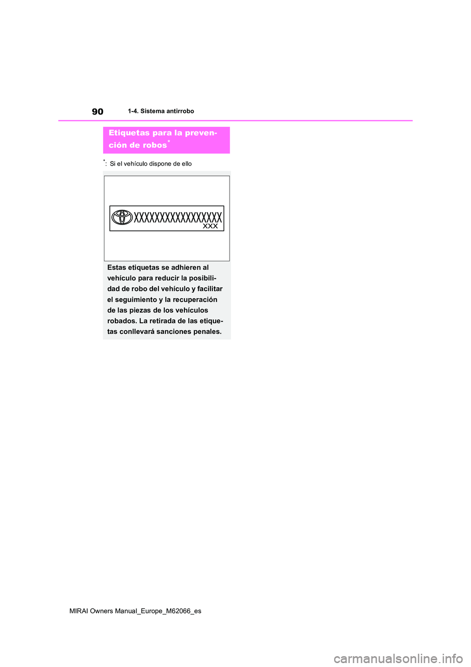 TOYOTA MIRAI 2020 Manual del propietario (in Spanish) 90
MIRAI Owners Manual_Europe_M62066_es
1-4. Sistema antirrobo
*: Si el vehículo dispone de ello
Etiquetas para la preven-
ción de robos*
Estas etiquetas se adhieren al
vehículo para reducir la TOYOTA MIRAI 2020 Manual del propietario (in Spanish) 90
MIRAI Owners Manual_Europe_M62066_es
1-4. Sistema antirrobo
*: Si el vehículo dispone de ello
Etiquetas para la preven-
ción de robos*
Estas etiquetas se adhieren al
vehículo para reducir la