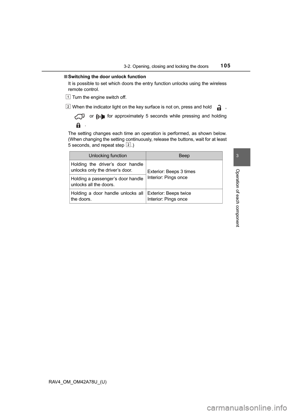 TOYOTA RAV4 2015 XA40 / 4.G Owners Manual RAV4_OM_OM42A78U_(U)
1053-2. Opening, closing and locking the doors
3
Operation of each component
■Switching the door unlock function
It is possible to set which doors the entry function unlocks usi TOYOTA RAV4 2015 XA40 / 4.G Owners Manual RAV4_OM_OM42A78U_(U)
1053-2. Opening, closing and locking the doors
3
Operation of each component
■Switching the door unlock function
It is possible to set which doors the entry function unlocks usi