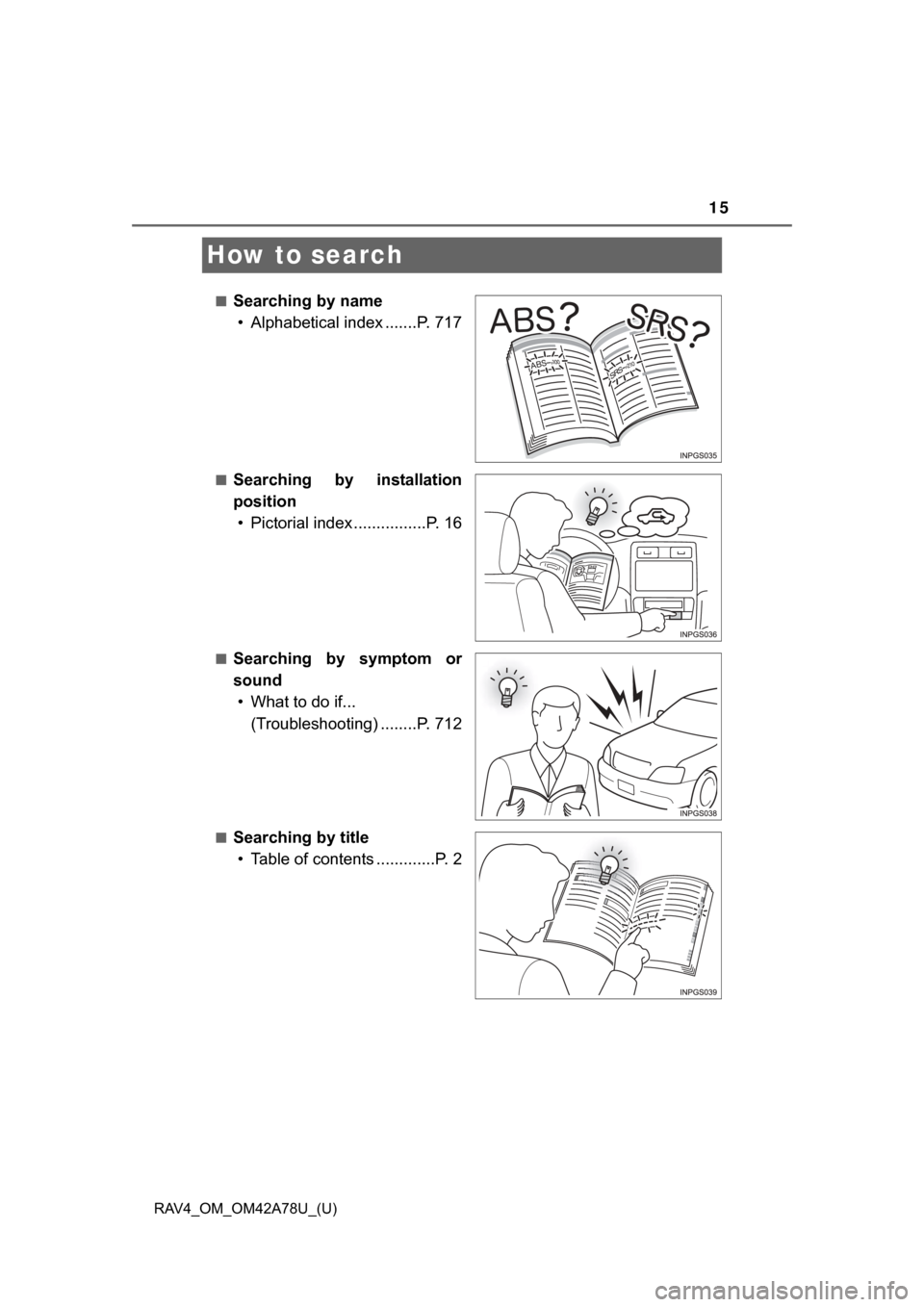 TOYOTA RAV4 2015 XA40 / 4.G User Guide 15
RAV4_OM_OM42A78U_(U)
How to search
■Searching by name• Alphabetical index .......P. 717
■Searching by installation
position• Pictorial index ................P. 16
■Searching by sympto TOYOTA RAV4 2015 XA40 / 4.G User Guide 15
RAV4_OM_OM42A78U_(U)
How to search
■Searching by name• Alphabetical index .......P. 717
■Searching by installation
position• Pictorial index ................P. 16
■Searching by sympto