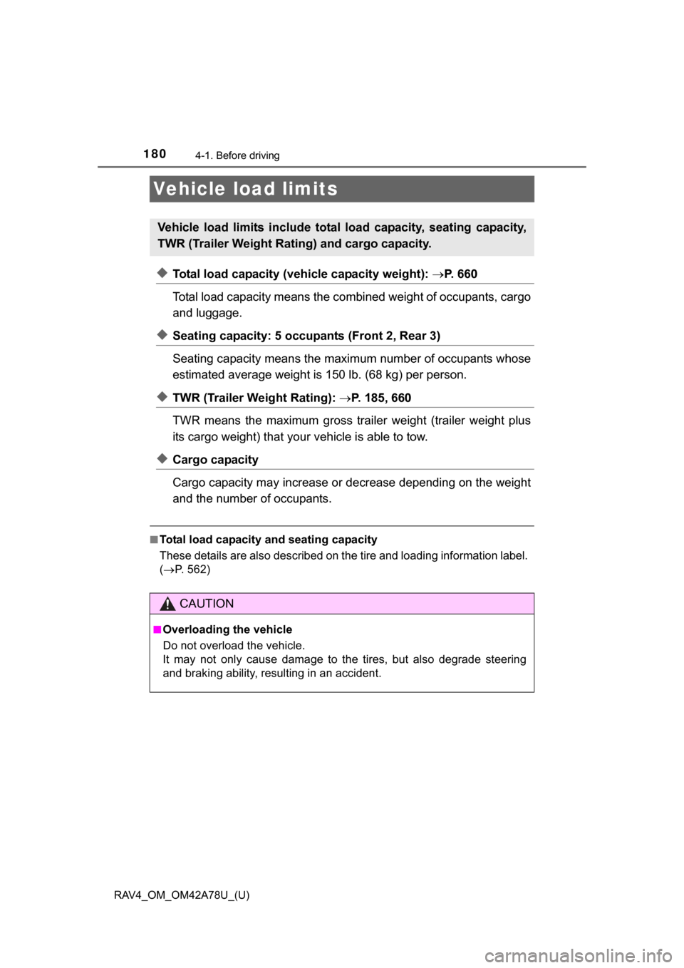 TOYOTA RAV4 2015 XA40 / 4.G Owners Manual 180
RAV4_OM_OM42A78U_(U)
4-1. Before driving
Vehicle load limits
◆Total load capacity (vehicle capacity weight): P. 6 6 0
Total load capacity means the combined weight of occupants, cargo
and l TOYOTA RAV4 2015 XA40 / 4.G Owners Manual 180
RAV4_OM_OM42A78U_(U)
4-1. Before driving
Vehicle load limits
◆Total load capacity (vehicle capacity weight): P. 6 6 0
Total load capacity means the combined weight of occupants, cargo
and l