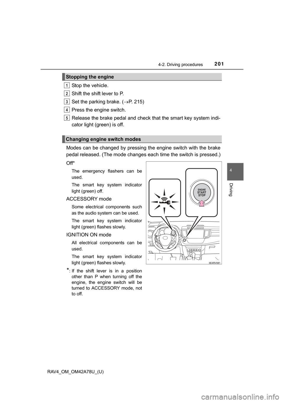 TOYOTA RAV4 2015 XA40 / 4.G Owners Manual RAV4_OM_OM42A78U_(U)
2014-2. Driving procedures
4
Driving
Stop the vehicle.
Shift the shift lever to P.
Set the parking brake. (P. 215)
Press the engine switch.
Release the brake pedal and check  t
