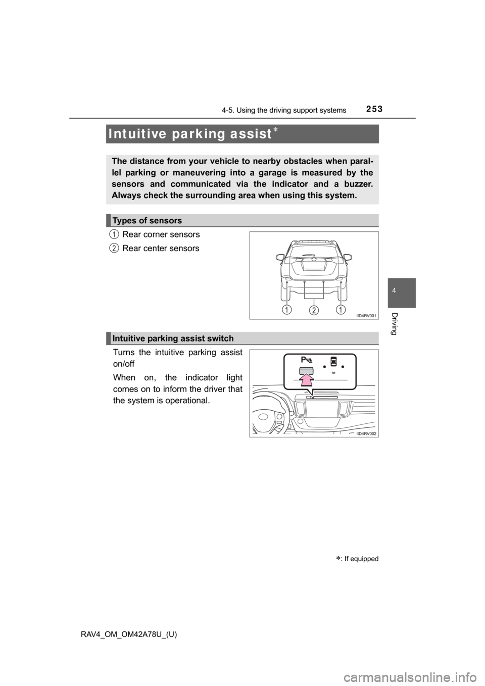TOYOTA RAV4 2015 XA40 / 4.G Owners Manual 253
RAV4_OM_OM42A78U_(U)
4-5. Using the driving support systems
4
Driving
Intuitive parking assist
Rear corner sensors
Rear center sensors
Turns  the  intuitive  parking  assist
on/off
When  on,  t
