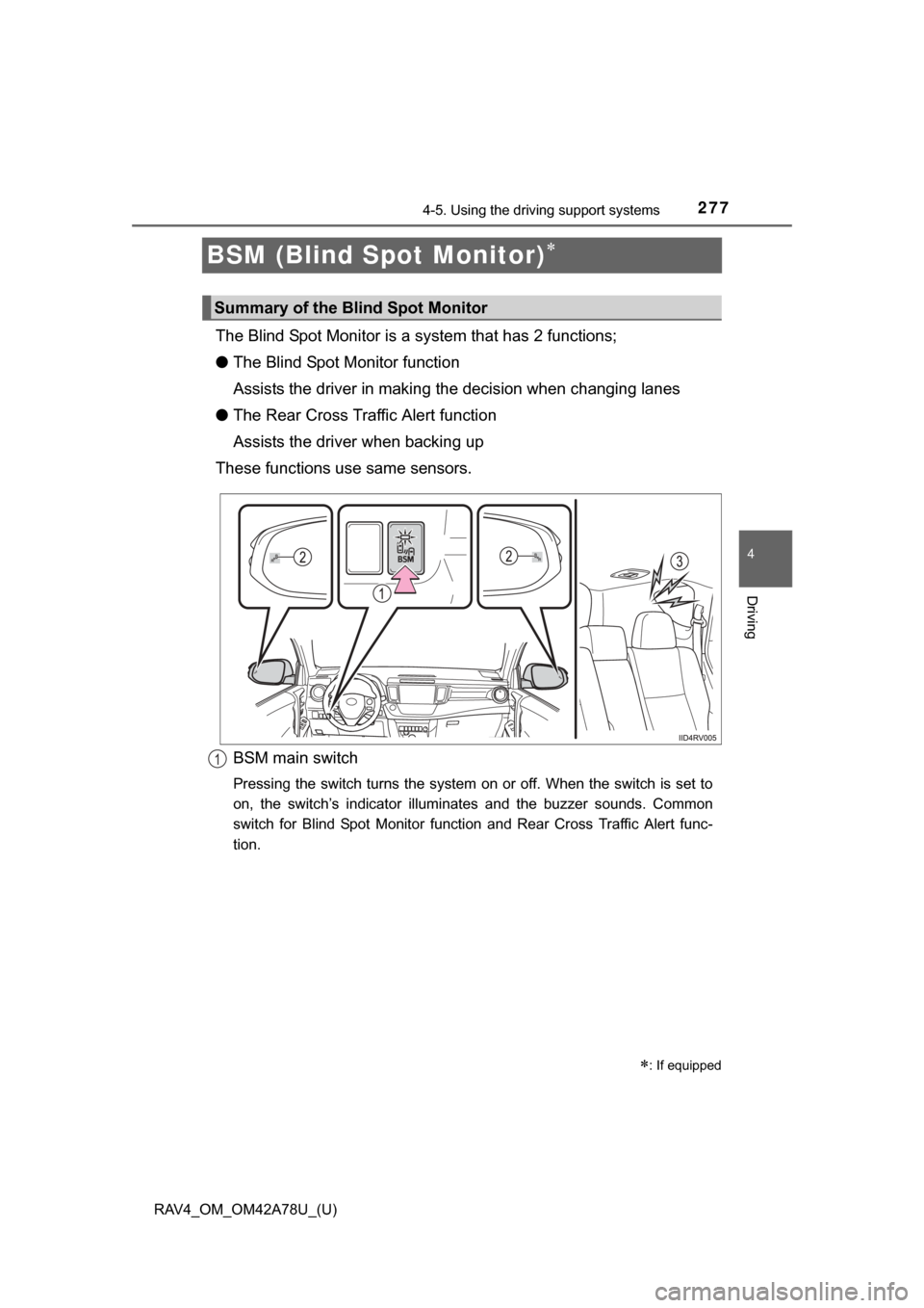 TOYOTA RAV4 2015 XA40 / 4.G Owners Manual 277
RAV4_OM_OM42A78U_(U)
4-5. Using the driving support systems
4
Driving
BSM (Blind Spot Monitor)
The Blind Spot Monitor is a  system that has 2 functions;
● The Blind Spot Monitor function
Assi