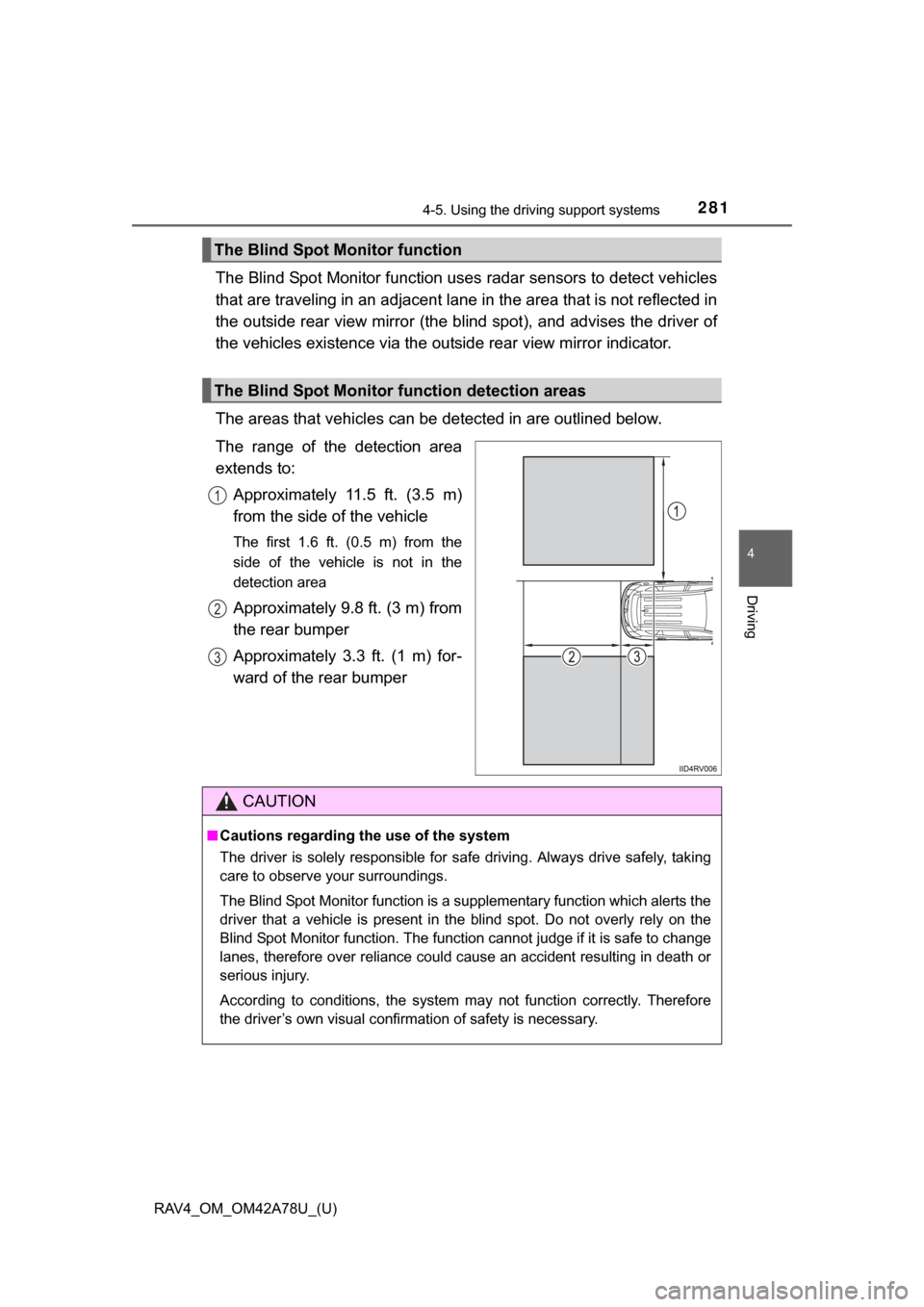 TOYOTA RAV4 2015 XA40 / 4.G Owners Manual RAV4_OM_OM42A78U_(U)
2814-5. Using the driving support systems
4
Driving
The Blind Spot Monitor function uses  radar sensors to detect vehicles
that are traveling in an adjacent lane  in the area that