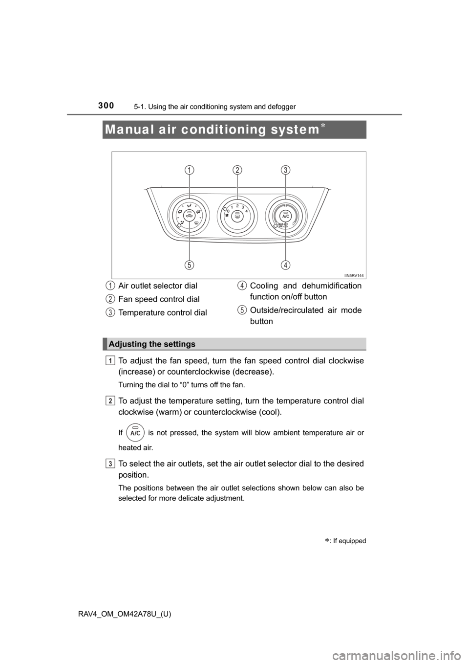 TOYOTA RAV4 2015 XA40 / 4.G Owners Manual 300
RAV4_OM_OM42A78U_(U)
5-1. Using the air conditioning system and defogger
Manual air conditioning system
To  adjust  the  fan  speed,  turn  the  fan  speed  control  dial  clockwise
(increase) 