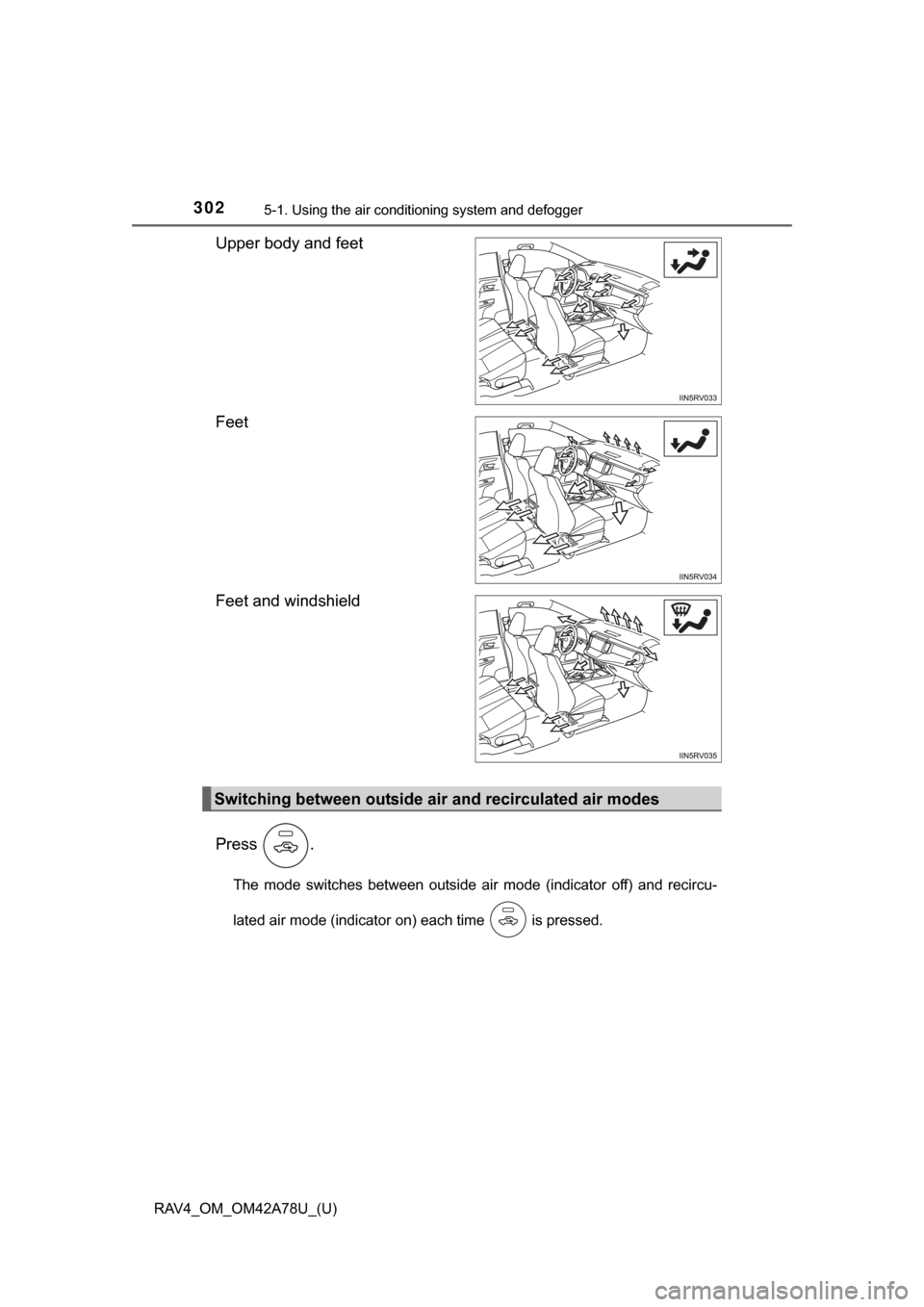 TOYOTA RAV4 2015 XA40 / 4.G Owners Manual 302
RAV4_OM_OM42A78U_(U)
5-1. Using the air conditioning system and defogger
Upper body and feet
Feet
Feet and windshield
Press  .
The  mode  switches  between  outside  air  mode  (indicator  off)  a