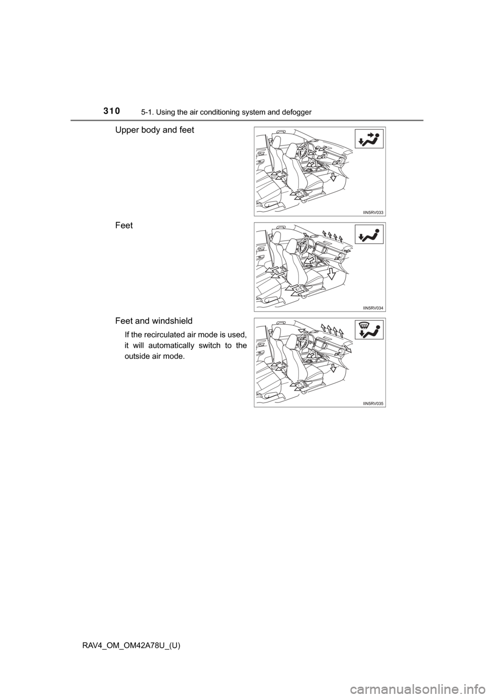 TOYOTA RAV4 2015 XA40 / 4.G Owners Manual 310
RAV4_OM_OM42A78U_(U)
5-1. Using the air conditioning system and defogger
Upper body and feet
Feet
Feet and windshield
If the recirculated air mode is used,
it  will  automatically  switch  to  the