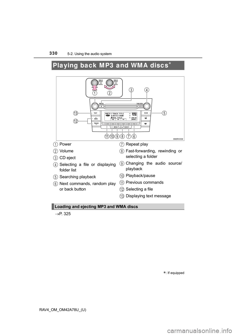 TOYOTA RAV4 2015 XA40 / 4.G Owners Manual 330
RAV4_OM_OM42A78U_(U)
5-2. Using the audio system
Playing back MP3 and WMA discs
P.   3 2 5
: If equipped
Power
Vo l u m e
CD eject
Selecting  a  file  or  displaying
folder list
Searching