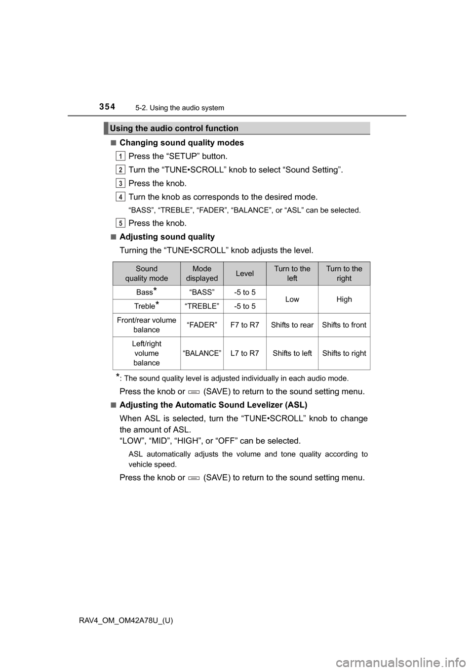 TOYOTA RAV4 2015 XA40 / 4.G Owners Manual 354
RAV4_OM_OM42A78U_(U)
5-2. Using the audio system
■Changing sound quality modesPress the “SETUP” button.
Turn the “TUNE•SCROLL” knob to select “Sound Setting”.
Press the knob.
Turn 