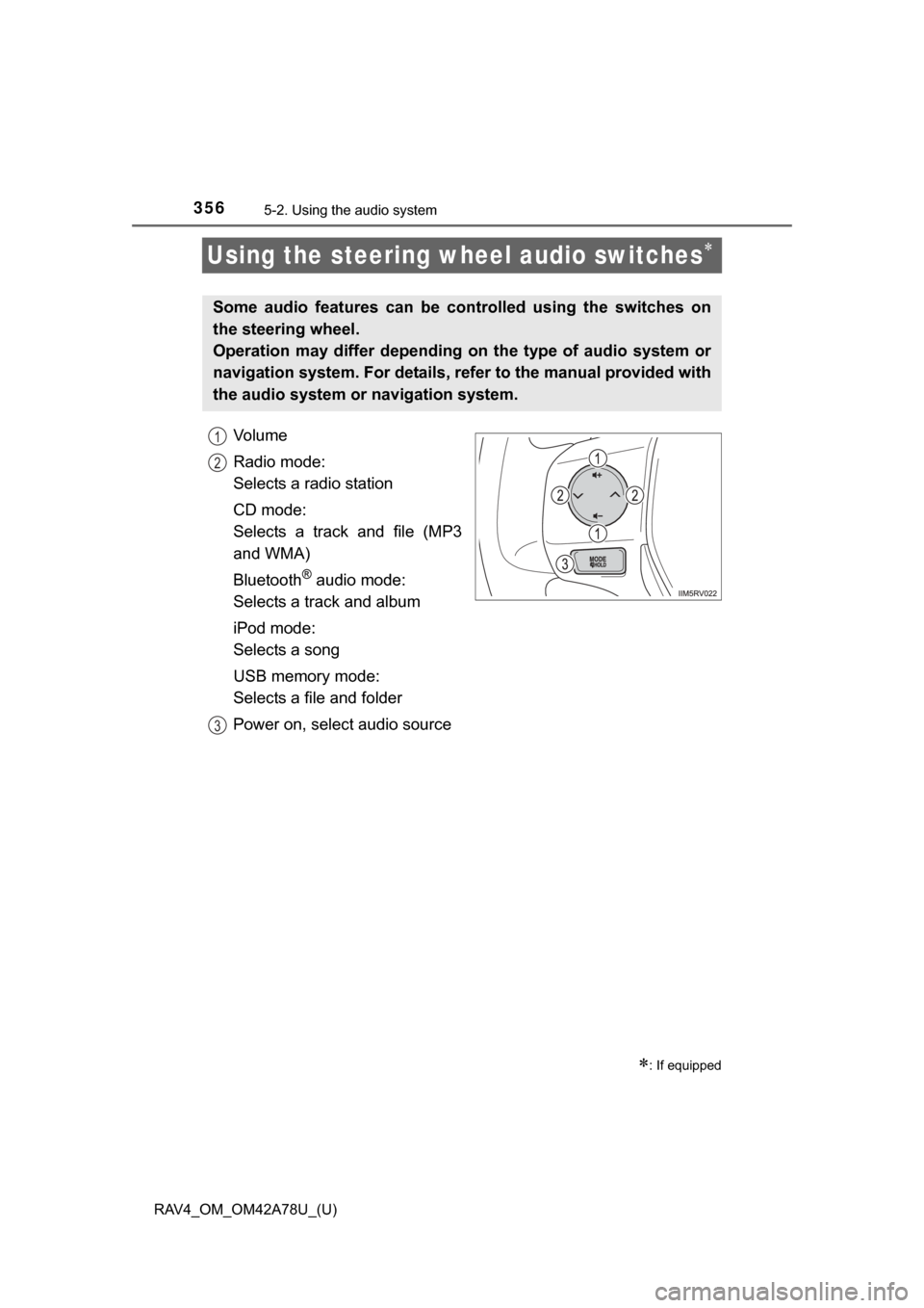 TOYOTA RAV4 2015 XA40 / 4.G Owners Manual 356
RAV4_OM_OM42A78U_(U)
5-2. Using the audio system
Using the steering wheel audio switches
Vo l u m e
Radio mode:
Selects a radio station
CD mode:
Selects  a  track  and  file  (MP3
and WMA)
Blue