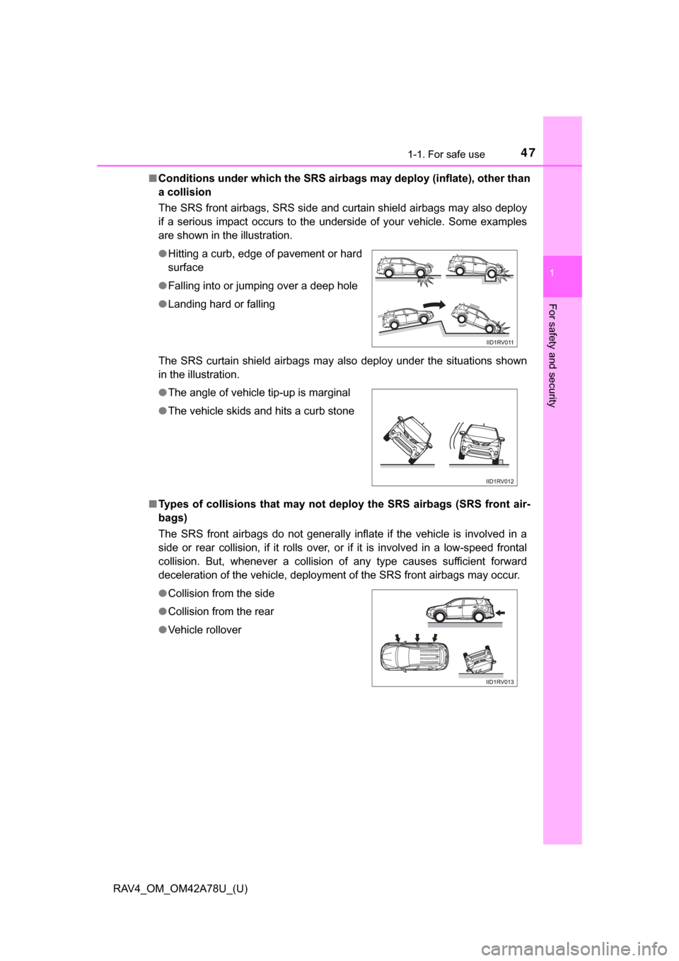 TOYOTA RAV4 2015 XA40 / 4.G Service Manual 471-1. For safe use
RAV4_OM_OM42A78U_(U)
1
For safety and security
■Conditions under which the SRS airbags may deploy (inflate), other than
a collision
The SRS front airbags, SRS side and curtain s TOYOTA RAV4 2015 XA40 / 4.G Service Manual 471-1. For safe use
RAV4_OM_OM42A78U_(U)
1
For safety and security
■Conditions under which the SRS airbags may deploy (inflate), other than
a collision
The SRS front airbags, SRS side and curtain s