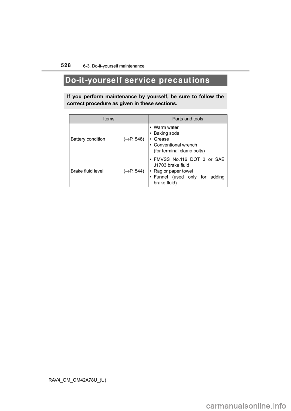 TOYOTA RAV4 2015 XA40 / 4.G Owners Manual 528
RAV4_OM_OM42A78U_(U)
6-3. Do-it-yourself maintenance
Do-it-yourself ser vice precautions
If  you  perform  maintenance  by  yourself,  be  sure  to  follow  the
correct procedure as given in these