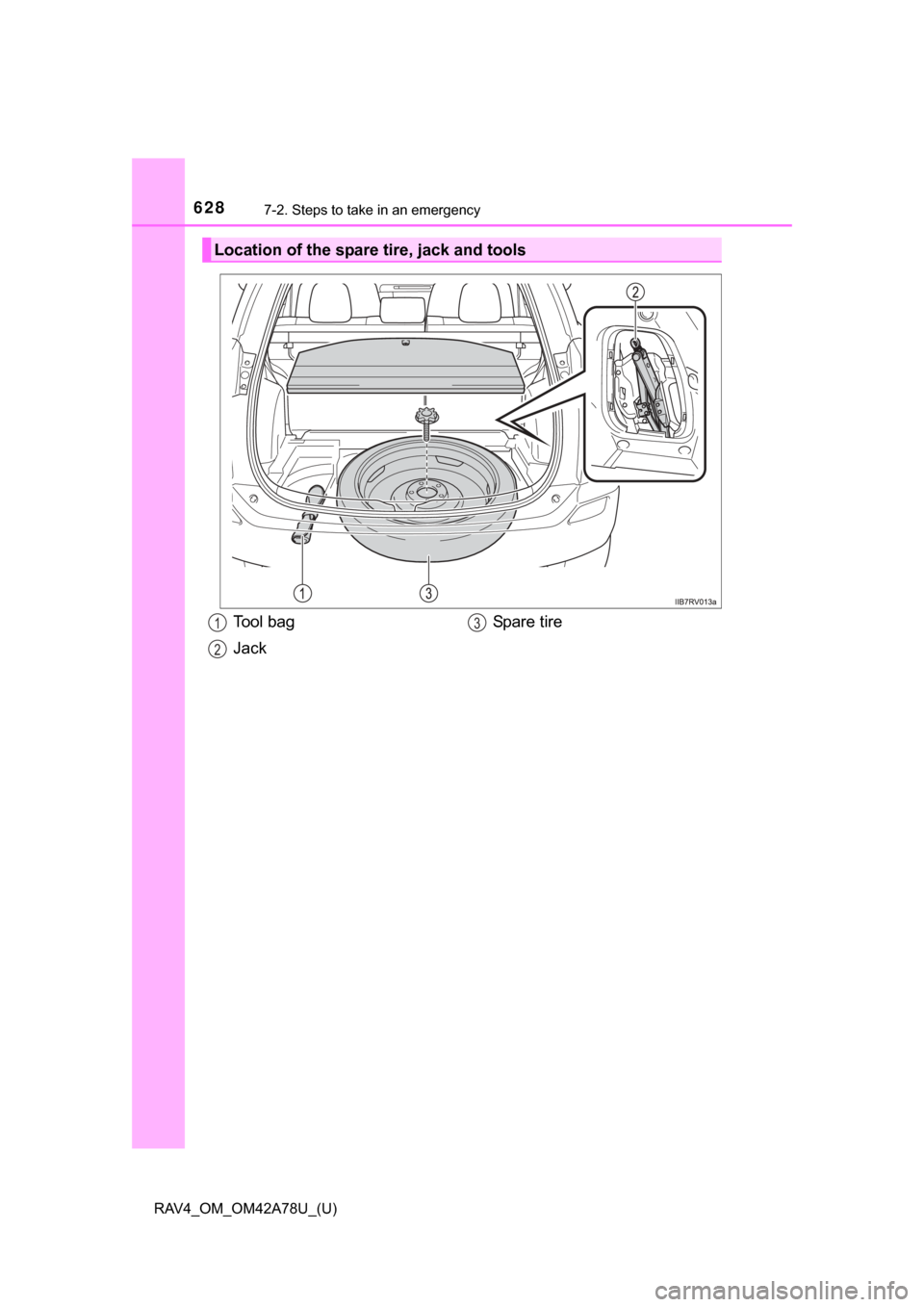TOYOTA RAV4 2015 XA40 / 4.G Owners Manual 6287-2. Steps to take in an emergency
RAV4_OM_OM42A78U_(U)
Location of the spare tire, jack and tools
Tool bag
JackSpare t i re1
2
3 TOYOTA RAV4 2015 XA40 / 4.G Owners Manual 6287-2. Steps to take in an emergency
RAV4_OM_OM42A78U_(U)
Location of the spare tire, jack and tools
Tool bag
JackSpare t i re1
2
3
