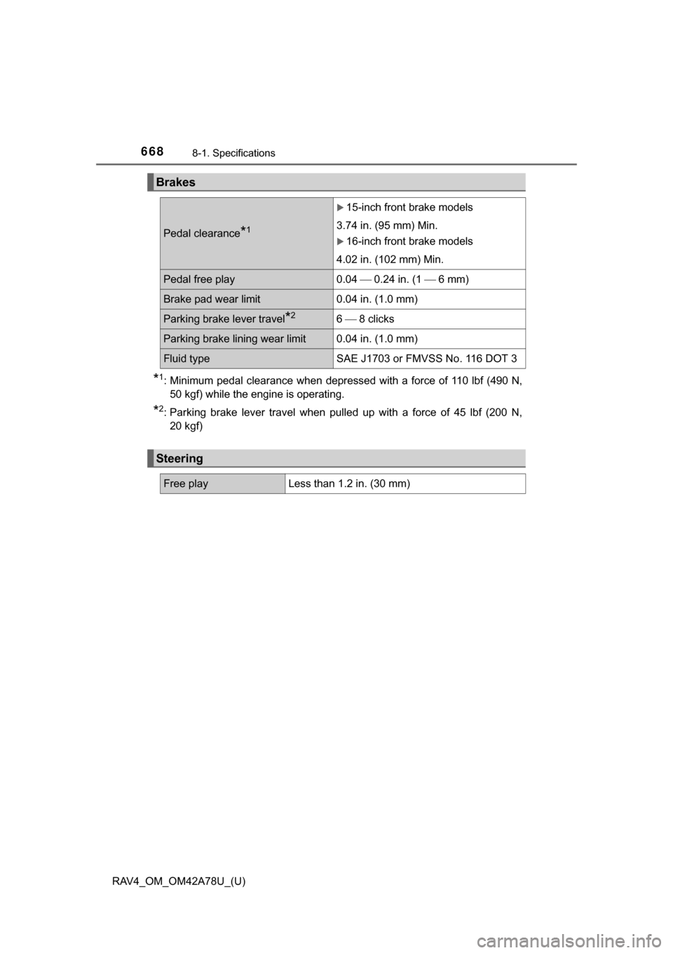 TOYOTA RAV4 2015 XA40 / 4.G Owners Manual 668
RAV4_OM_OM42A78U_(U)
8-1. Specifications
*1: Minimum pedal  clearance when  depressed  with  a  force  of 110 lbf  (490  N,50 kgf) while the engine is operating.
*2: Parking  brake  lever  travel 