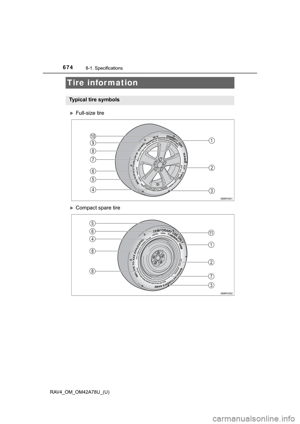 TOYOTA RAV4 2015 XA40 / 4.G Owners Manual 674
RAV4_OM_OM42A78U_(U)
8-1. Specifications
Tire infor mation
Full-size tire
Compact spare tire
Typical tire symbols TOYOTA RAV4 2015 XA40 / 4.G Owners Manual 674
RAV4_OM_OM42A78U_(U)
8-1. Specifications
Tire infor mation
Full-size tire
Compact spare tire
Typical tire symbols
