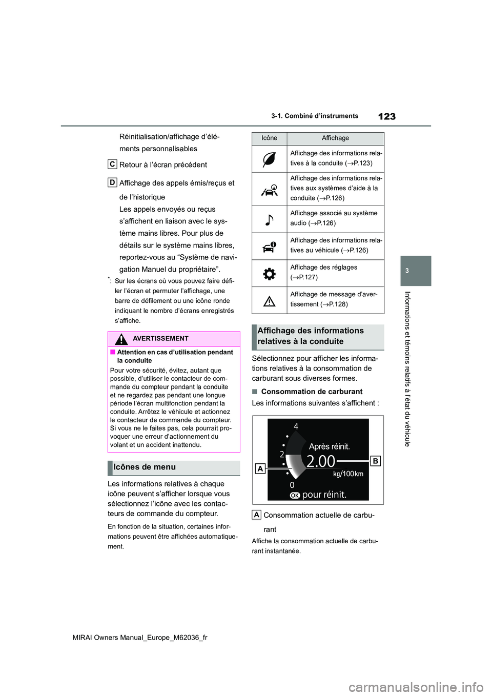 TOYOTA MIRAI 2020  Manuel du propriétaire (in French) 123
3
MIRAI Owners Manual_Europe_M62036_fr
3-1. Combiné d’instruments
Informations et témoins relatifs à l’état du véhicule
Réinitialisation/affichage d’élé- 
ments personnalisables 
Ret