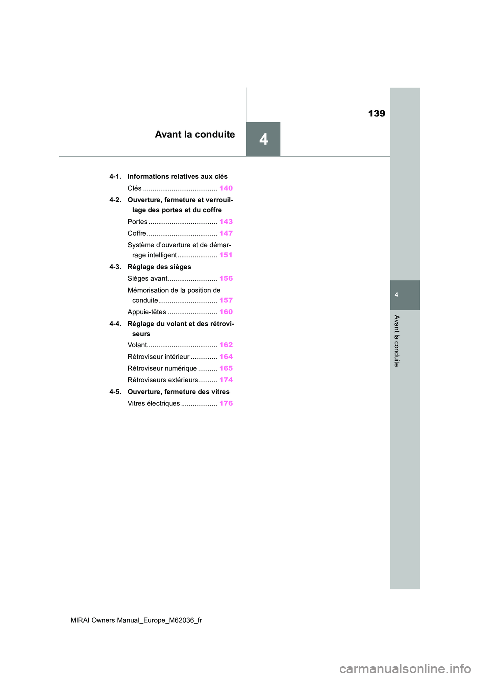 TOYOTA MIRAI 2020 Manuel du propriétaire (in French) 4
139
MIRAI Owners Manual_Europe_M62036_fr
4
Avant la conduite
Avant la conduite
4-1. Informations relatives aux clés
Clés ....................................... 140
4-2. Ouverture, fermeture et TOYOTA MIRAI 2020 Manuel du propriétaire (in French) 4
139
MIRAI Owners Manual_Europe_M62036_fr
4
Avant la conduite
Avant la conduite
4-1. Informations relatives aux clés
Clés ....................................... 140
4-2. Ouverture, fermeture et