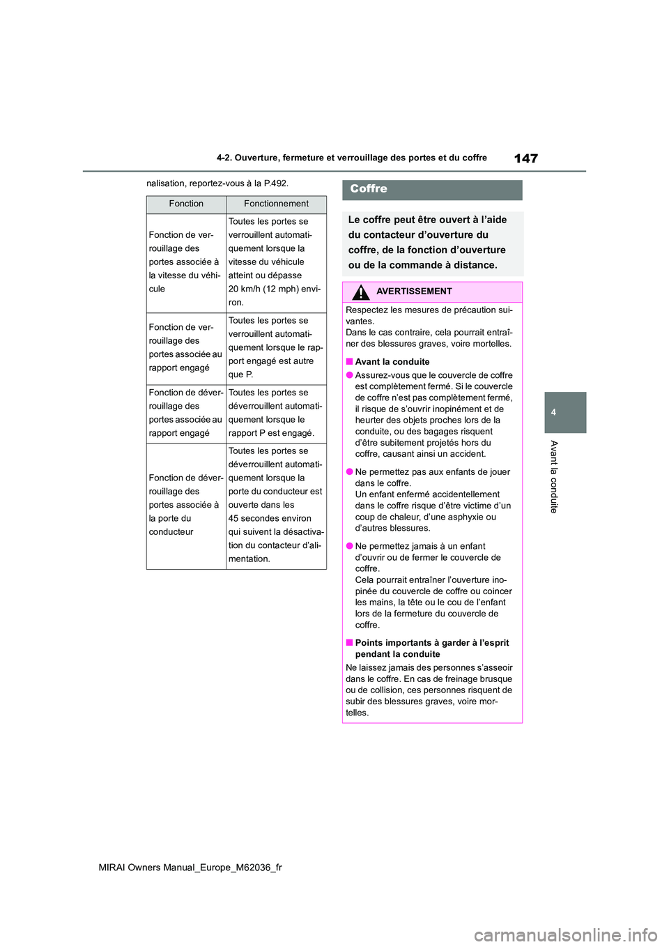 TOYOTA MIRAI 2020 Manuel du propriétaire (in French) 147
4
MIRAI Owners Manual_Europe_M62036_fr
4-2. Ouverture, fermeture et verrouillage des portes et du coffre
Avant la conduite
nalisation, reportez-vous à la P.492.
FonctionFonctionnement
Fonction de TOYOTA MIRAI 2020 Manuel du propriétaire (in French) 147
4
MIRAI Owners Manual_Europe_M62036_fr
4-2. Ouverture, fermeture et verrouillage des portes et du coffre
Avant la conduite
nalisation, reportez-vous à la P.492.
FonctionFonctionnement
Fonction de