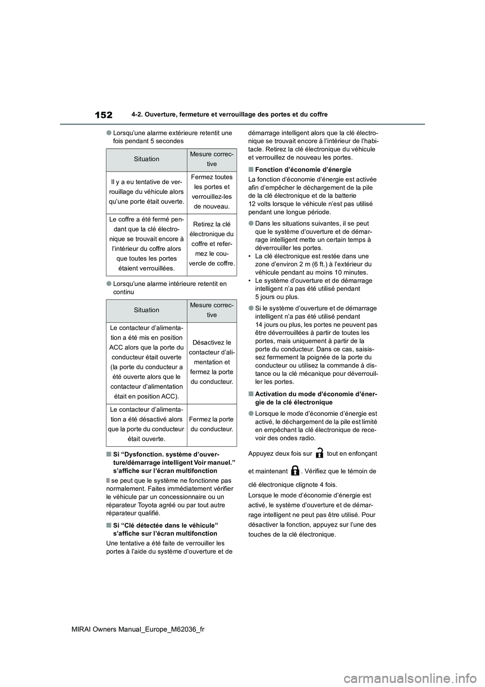 TOYOTA MIRAI 2020 Manuel du propriétaire (in French) 152
MIRAI Owners Manual_Europe_M62036_fr
4-2. Ouverture, fermeture et verrouillage des portes et du coffre
●Lorsqu’une alarme extérieure retentit une fois pendant 5 secondes
●Lorsqu’une alar TOYOTA MIRAI 2020 Manuel du propriétaire (in French) 152
MIRAI Owners Manual_Europe_M62036_fr
4-2. Ouverture, fermeture et verrouillage des portes et du coffre
●Lorsqu’une alarme extérieure retentit une fois pendant 5 secondes
●Lorsqu’une alar