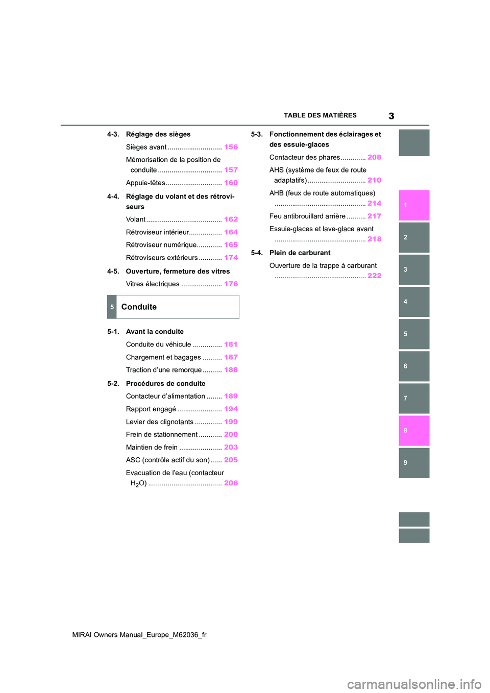 TOYOTA MIRAI 2020  Manuel du propriétaire (in French) 3
MIRAI Owners Manual_Europe_M62036_fr
TABLE DES MATIÈRES
1 
6 
5
4
3
2
7 
8
9
4-3. Réglage des sièges 
Sièges avant ............................ 156 
Mémorisation de la position de  
conduite ..