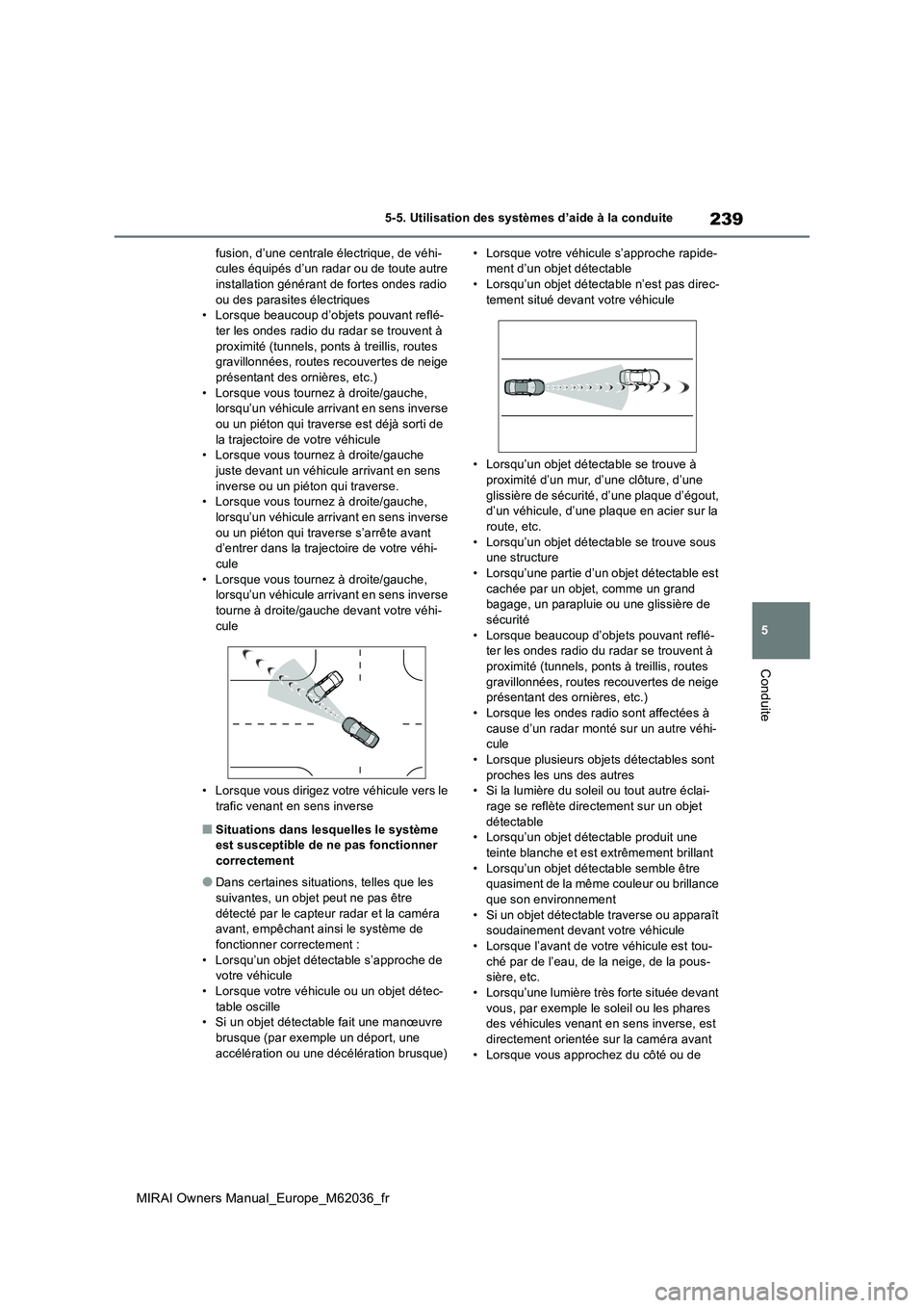 TOYOTA MIRAI 2020 Manuel du propriétaire (in French) 239
5
MIRAI Owners Manual_Europe_M62036_fr
5-5. Utilisation des systèmes d’aide à la conduite
Conduite
fusion, d’une centrale électrique, de véhi- cules équipés d’un radar ou de toute autr TOYOTA MIRAI 2020 Manuel du propriétaire (in French) 239
5
MIRAI Owners Manual_Europe_M62036_fr
5-5. Utilisation des systèmes d’aide à la conduite
Conduite
fusion, d’une centrale électrique, de véhi- cules équipés d’un radar ou de toute autr