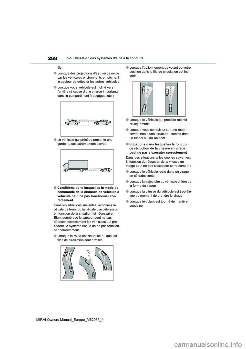 TOYOTA MIRAI 2020 Manuel du propriétaire (in French) 268
MIRAI Owners Manual_Europe_M62036_fr
5-5. Utilisation des systèmes d’aide à la conduite
file
●Lorsque des projections d’eau ou de neige
par les véhicules environnants empêchent le ca TOYOTA MIRAI 2020 Manuel du propriétaire (in French) 268
MIRAI Owners Manual_Europe_M62036_fr
5-5. Utilisation des systèmes d’aide à la conduite
file
●Lorsque des projections d’eau ou de neige
par les véhicules environnants empêchent le ca