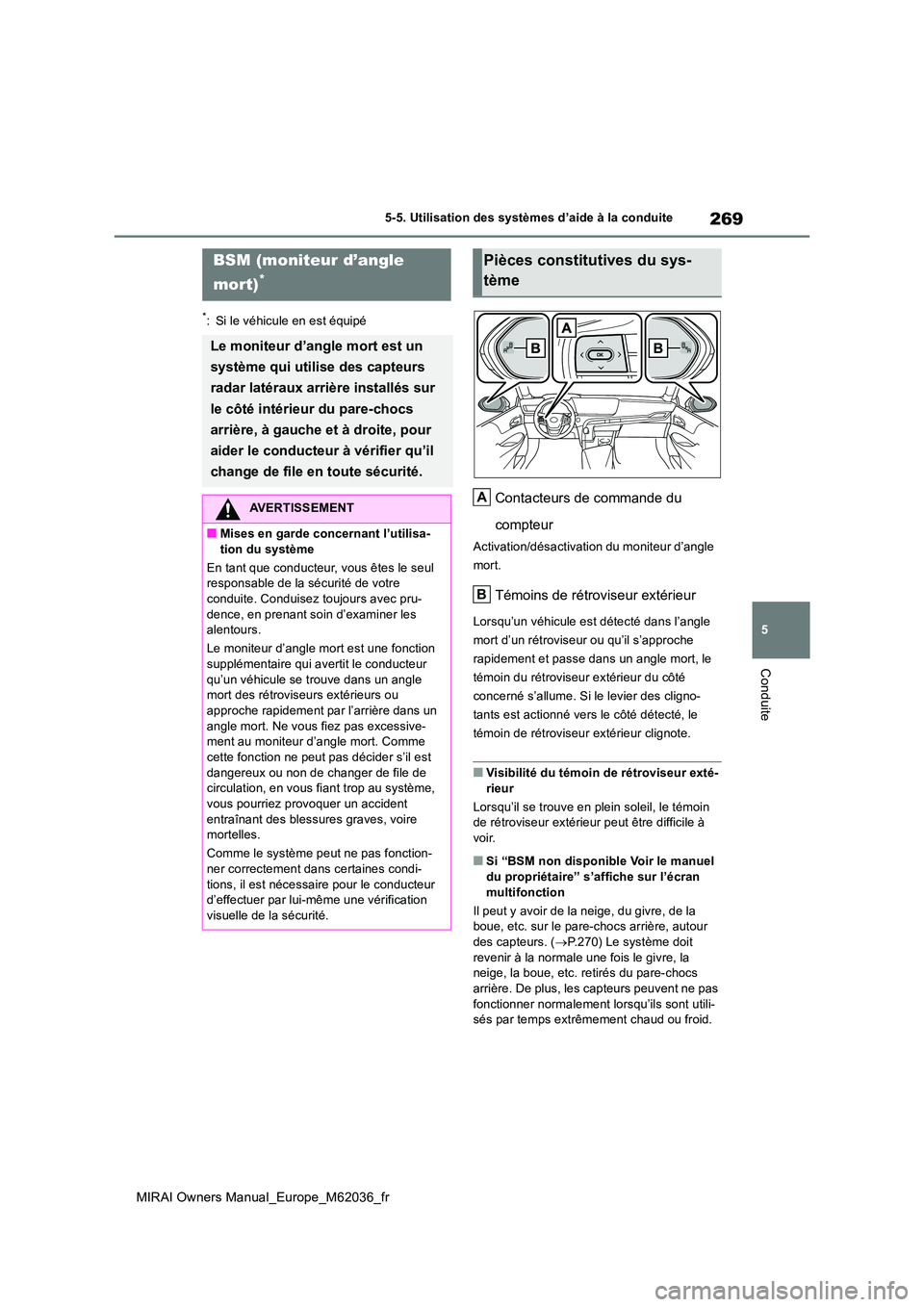 TOYOTA MIRAI 2020 Manuel du propriétaire (in French) 269
5
MIRAI Owners Manual_Europe_M62036_fr
5-5. Utilisation des systèmes d’aide à la conduite
Conduite
*: Si le véhicule en est équipé
Contacteurs de commande du
compteur
Activation/désactiv TOYOTA MIRAI 2020 Manuel du propriétaire (in French) 269
5
MIRAI Owners Manual_Europe_M62036_fr
5-5. Utilisation des systèmes d’aide à la conduite
Conduite
*: Si le véhicule en est équipé
Contacteurs de commande du
compteur
Activation/désactiv
