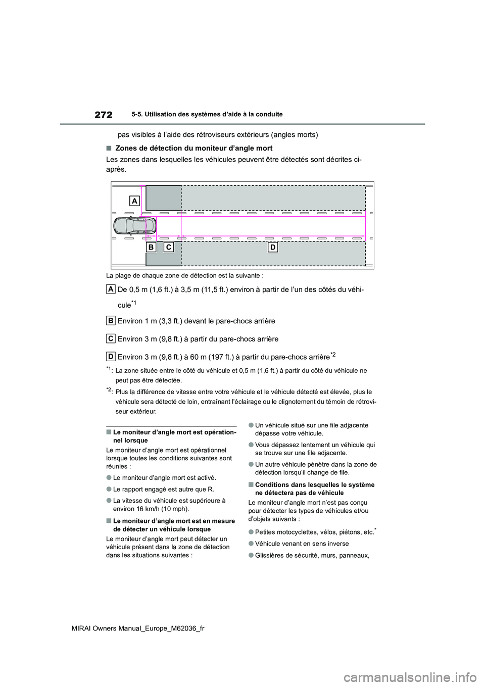 TOYOTA MIRAI 2020 Manuel du propriétaire (in French) 272
MIRAI Owners Manual_Europe_M62036_fr
5-5. Utilisation des systèmes d’aide à la conduite
pas visibles à l’aide des rétroviseurs extérieurs (angles morts)
■Zones de détection du moniteur TOYOTA MIRAI 2020 Manuel du propriétaire (in French) 272
MIRAI Owners Manual_Europe_M62036_fr
5-5. Utilisation des systèmes d’aide à la conduite
pas visibles à l’aide des rétroviseurs extérieurs (angles morts)
■Zones de détection du moniteur