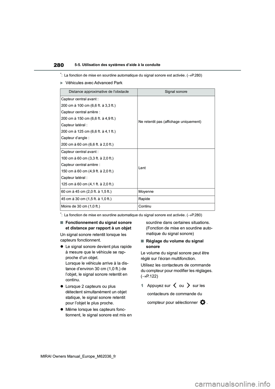 TOYOTA MIRAI 2020 Manuel du propriétaire (in French) 280
MIRAI Owners Manual_Europe_M62036_fr
5-5. Utilisation des systèmes d’aide à la conduite
*: La fonction de mise en sourdine automatique du signal sonore est activée. (P.280)
Véhicules a TOYOTA MIRAI 2020 Manuel du propriétaire (in French) 280
MIRAI Owners Manual_Europe_M62036_fr
5-5. Utilisation des systèmes d’aide à la conduite
*: La fonction de mise en sourdine automatique du signal sonore est activée. (P.280)
Véhicules a