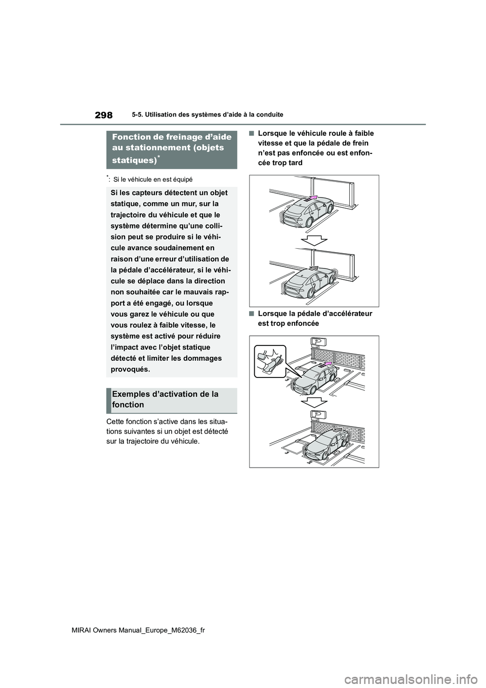 TOYOTA MIRAI 2020 Manuel du propriétaire (in French) 298
MIRAI Owners Manual_Europe_M62036_fr
5-5. Utilisation des systèmes d’aide à la conduite
*: Si le véhicule en est équipé
Cette fonction s’active dans les situa-
tions suivantes si un obje TOYOTA MIRAI 2020 Manuel du propriétaire (in French) 298
MIRAI Owners Manual_Europe_M62036_fr
5-5. Utilisation des systèmes d’aide à la conduite
*: Si le véhicule en est équipé
Cette fonction s’active dans les situa-
tions suivantes si un obje