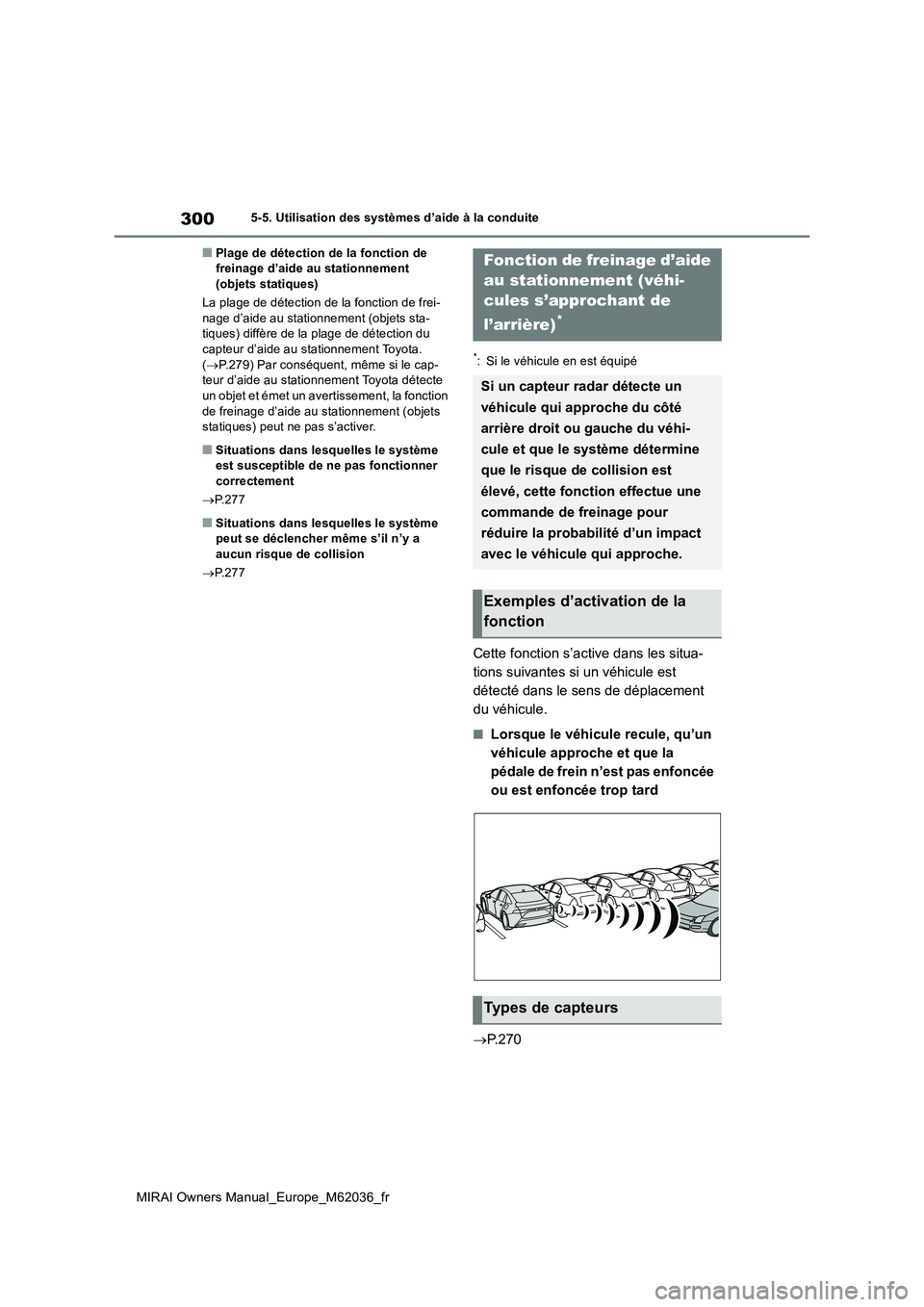TOYOTA MIRAI 2020 Manuel du propriétaire (in French) 300
MIRAI Owners Manual_Europe_M62036_fr
5-5. Utilisation des systèmes d’aide à la conduite
■Plage de détection de la fonction de freinage d’aide au stationnement (objets statiques)
La plag TOYOTA MIRAI 2020 Manuel du propriétaire (in French) 300
MIRAI Owners Manual_Europe_M62036_fr
5-5. Utilisation des systèmes d’aide à la conduite
■Plage de détection de la fonction de freinage d’aide au stationnement (objets statiques)
La plag