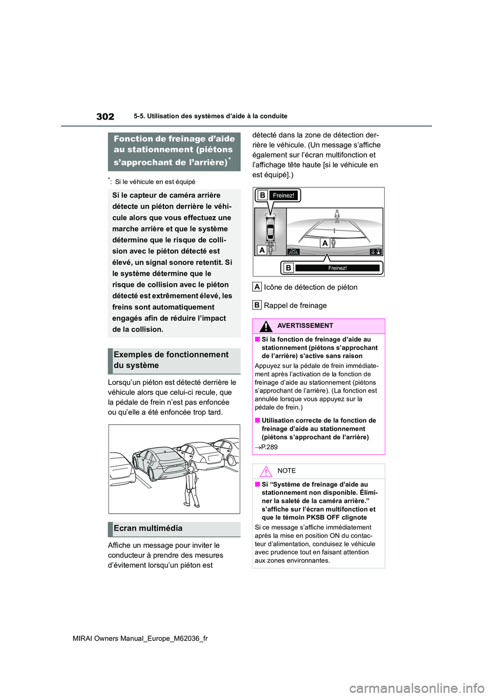 TOYOTA MIRAI 2020 Manuel du propriétaire (in French) 302
MIRAI Owners Manual_Europe_M62036_fr
5-5. Utilisation des systèmes d’aide à la conduite
*: Si le véhicule en est équipé
Lorsqu’un piéton est détecté derrière le
véhicule alors que TOYOTA MIRAI 2020 Manuel du propriétaire (in French) 302
MIRAI Owners Manual_Europe_M62036_fr
5-5. Utilisation des systèmes d’aide à la conduite
*: Si le véhicule en est équipé
Lorsqu’un piéton est détecté derrière le
véhicule alors que
