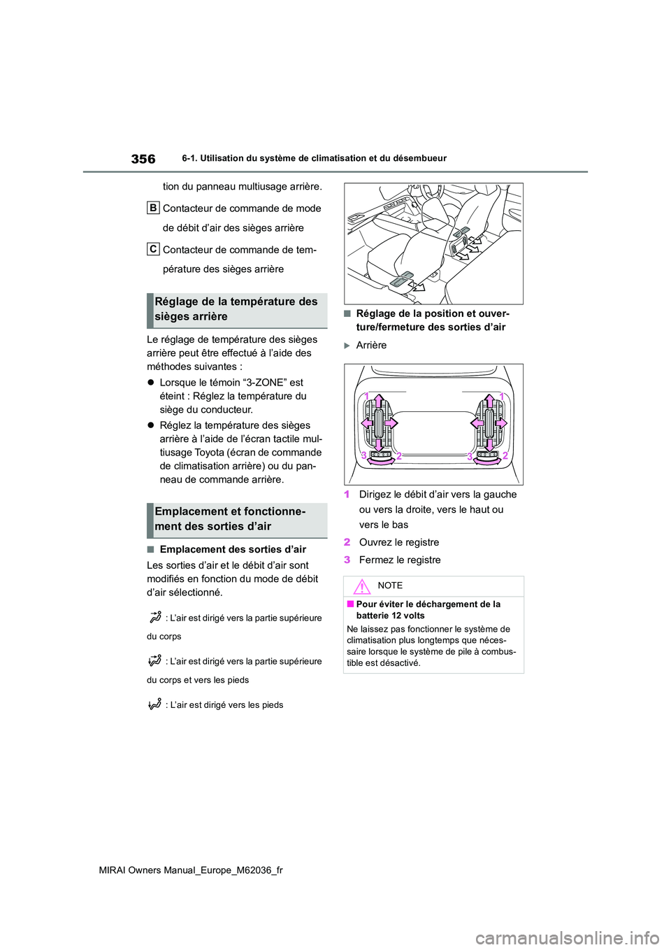 TOYOTA MIRAI 2020 Manuel du propriétaire (in French) 356
MIRAI Owners Manual_Europe_M62036_fr
6-1. Utilisation du système de climatisation et du désembueur
tion du panneau multiusage arrière.
Contacteur de commande de mode
de débit d’air des si TOYOTA MIRAI 2020 Manuel du propriétaire (in French) 356
MIRAI Owners Manual_Europe_M62036_fr
6-1. Utilisation du système de climatisation et du désembueur
tion du panneau multiusage arrière.
Contacteur de commande de mode
de débit d’air des si
