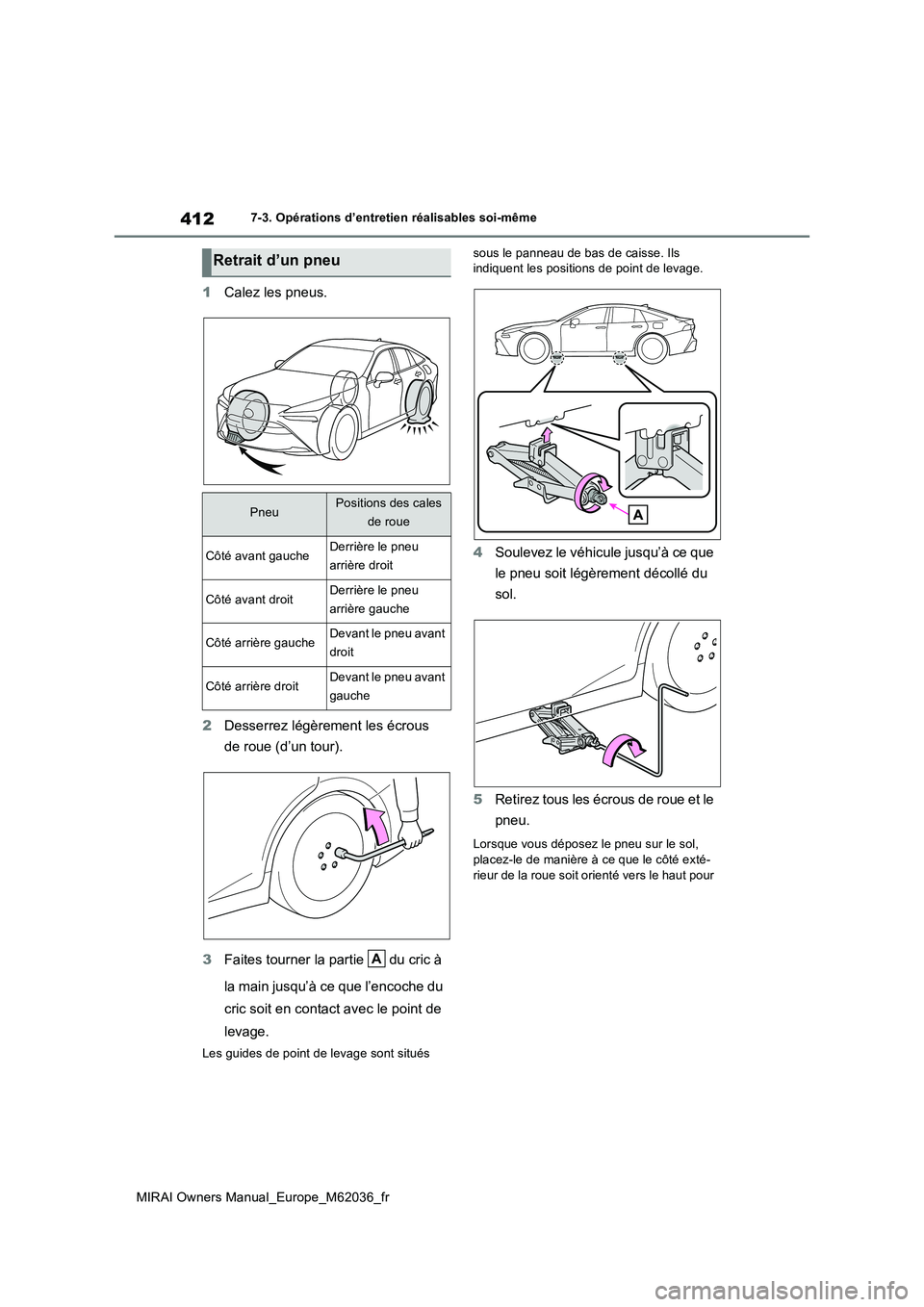 TOYOTA MIRAI 2020 Manuel du propriétaire (in French) 412
MIRAI Owners Manual_Europe_M62036_fr
7-3. Opérations d’entretien réalisables soi-même
1Calez les pneus.
2 Desserrez légèrement les écrous
de roue (d’un tour).
3 Faites tourner la par TOYOTA MIRAI 2020 Manuel du propriétaire (in French) 412
MIRAI Owners Manual_Europe_M62036_fr
7-3. Opérations d’entretien réalisables soi-même
1Calez les pneus.
2 Desserrez légèrement les écrous
de roue (d’un tour).
3 Faites tourner la par