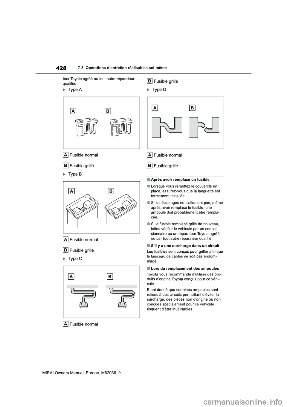 TOYOTA MIRAI 2020 Manuel du propriétaire (in French) 428
MIRAI Owners Manual_Europe_M62036_fr
7-3. Opérations d’entretien réalisables soi-même
teur Toyota agréé ou tout autre réparateur qualifié.
Ty p e A
Fusible normal
Fusible grillé
TOYOTA MIRAI 2020 Manuel du propriétaire (in French) 428
MIRAI Owners Manual_Europe_M62036_fr
7-3. Opérations d’entretien réalisables soi-même
teur Toyota agréé ou tout autre réparateur qualifié.
Ty p e A
Fusible normal
Fusible grillé