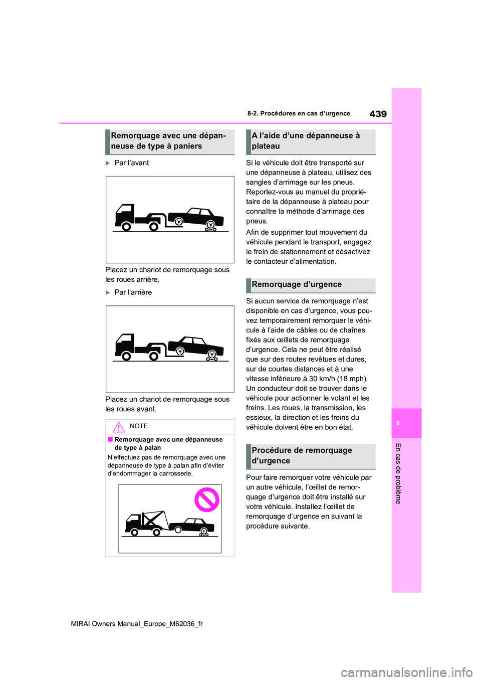 TOYOTA MIRAI 2020 Manuel du propriétaire (in French) 439
8
MIRAI Owners Manual_Europe_M62036_fr
8-2. Procédures en cas d’urgence
En cas de problème
Par l’avant
Placez un chariot de remorquage sous
les roues arrière.
Par l’arrière
Pla TOYOTA MIRAI 2020 Manuel du propriétaire (in French) 439
8
MIRAI Owners Manual_Europe_M62036_fr
8-2. Procédures en cas d’urgence
En cas de problème
Par l’avant
Placez un chariot de remorquage sous
les roues arrière.
Par l’arrière
Pla