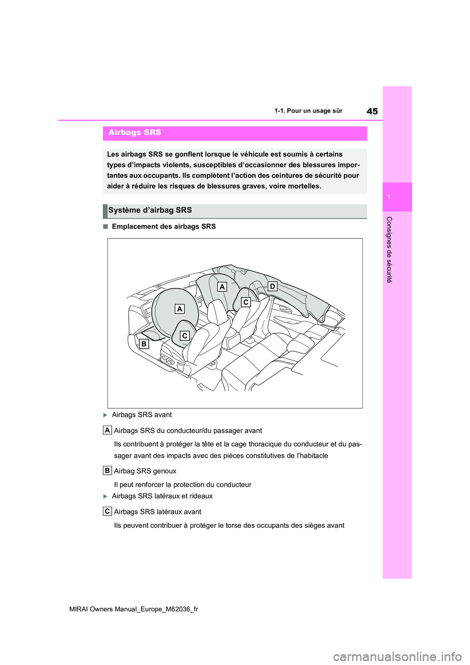 TOYOTA MIRAI 2020 Manuel du propriétaire (in French) 45
1
MIRAI Owners Manual_Europe_M62036_fr
1-1. Pour un usage sûr
Consignes de sécurité
■Emplacement des airbags SRS
Airbags SRS avant
Airbags SRS du conducteur/du passager avant
Ils contribu TOYOTA MIRAI 2020 Manuel du propriétaire (in French) 45
1
MIRAI Owners Manual_Europe_M62036_fr
1-1. Pour un usage sûr
Consignes de sécurité
■Emplacement des airbags SRS
Airbags SRS avant
Airbags SRS du conducteur/du passager avant
Ils contribu
