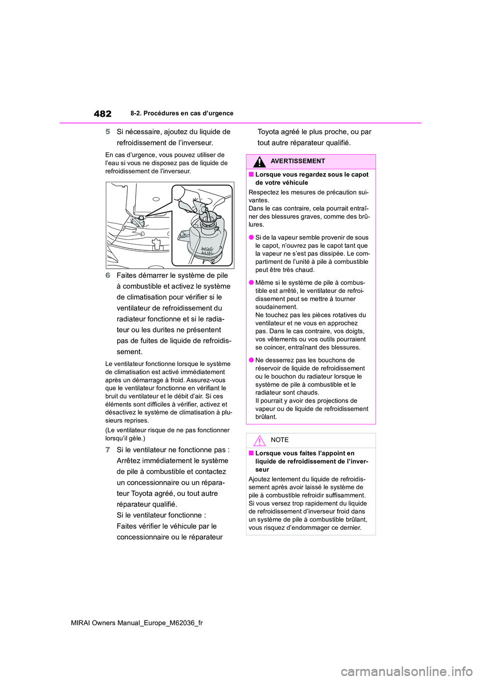 TOYOTA MIRAI 2020 Manuel du propriétaire (in French) 482
MIRAI Owners Manual_Europe_M62036_fr
8-2. Procédures en cas d’urgence
5Si nécessaire, ajoutez du liquide de
refroidissement de l’inverseur.
En cas d’urgence, vous pouvez utiliser de
l TOYOTA MIRAI 2020 Manuel du propriétaire (in French) 482
MIRAI Owners Manual_Europe_M62036_fr
8-2. Procédures en cas d’urgence
5Si nécessaire, ajoutez du liquide de
refroidissement de l’inverseur.
En cas d’urgence, vous pouvez utiliser de
l