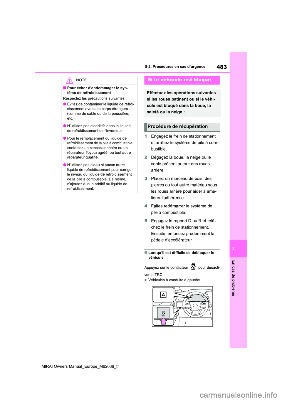 TOYOTA MIRAI 2020 Manuel du propriétaire (in French) 483
8
MIRAI Owners Manual_Europe_M62036_fr
8-2. Procédures en cas d’urgence
En cas de problème
1Engagez le frein de stationnement
et arrêtez le système de pile à com-
bustible.
2 Dégagez l TOYOTA MIRAI 2020 Manuel du propriétaire (in French) 483
8
MIRAI Owners Manual_Europe_M62036_fr
8-2. Procédures en cas d’urgence
En cas de problème
1Engagez le frein de stationnement
et arrêtez le système de pile à com-
bustible.
2 Dégagez l