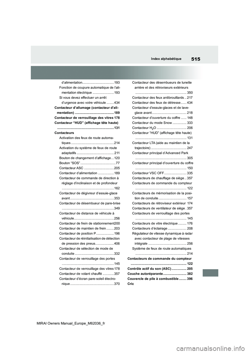 TOYOTA MIRAI 2020 Manuel du propriétaire (in French) 515
MIRAI Owners Manual_Europe_M62036_fr
Index alphabétique
d’alimentation..................................193
Fonction de coupure automatique de l’ali-
mentation électrique .................. TOYOTA MIRAI 2020 Manuel du propriétaire (in French) 515
MIRAI Owners Manual_Europe_M62036_fr
Index alphabétique
d’alimentation..................................193
Fonction de coupure automatique de l’ali-
mentation électrique ..................
