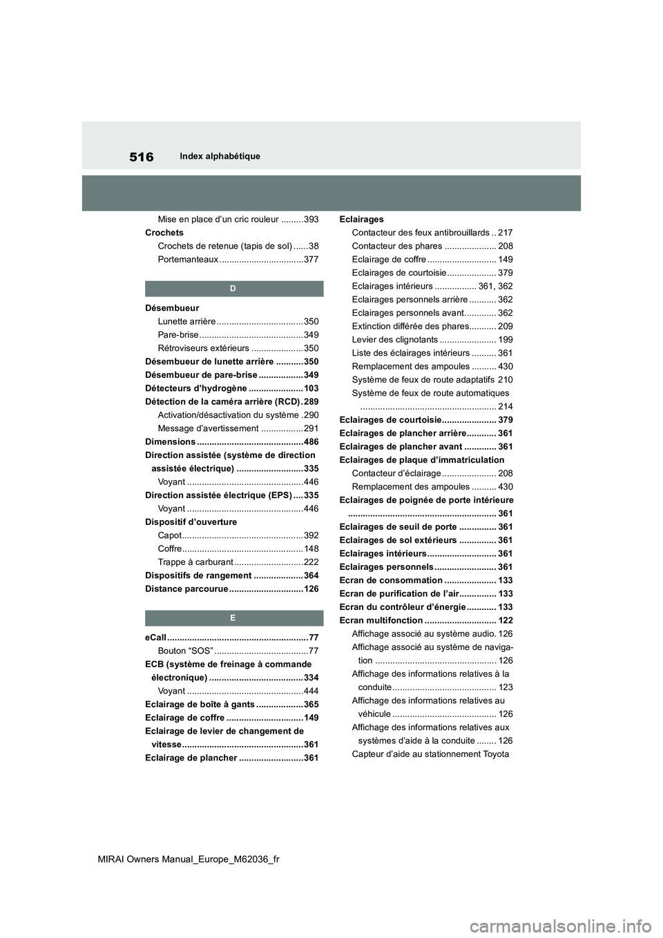 TOYOTA MIRAI 2020 Manuel du propriétaire (in French) 516
MIRAI Owners Manual_Europe_M62036_fr
Index alphabétique
Mise en place d’un cric rouleur ......... 393
Crochets
Crochets de retenue (tapis de sol) ...... 38
Portemanteaux ..................... TOYOTA MIRAI 2020 Manuel du propriétaire (in French) 516
MIRAI Owners Manual_Europe_M62036_fr
Index alphabétique
Mise en place d’un cric rouleur ......... 393
Crochets
Crochets de retenue (tapis de sol) ...... 38
Portemanteaux .....................